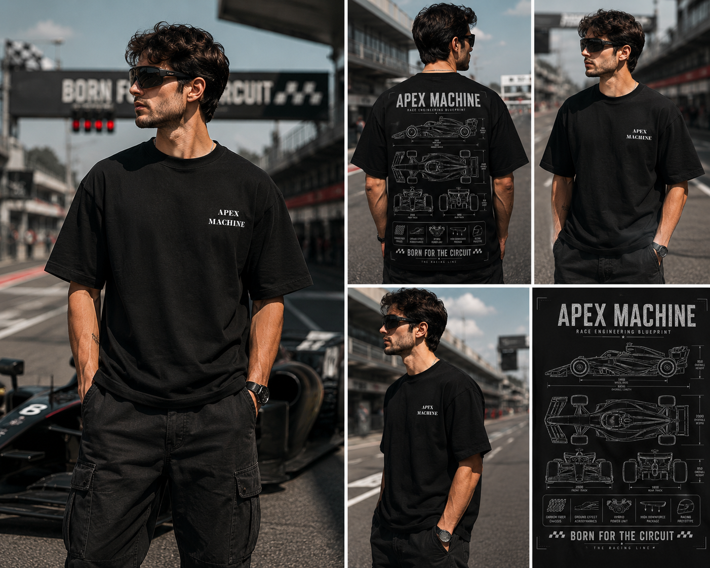 A man wearing a black short-sleeve t-shirt with white 'APEX MACHINE' text and technical circuit blueprint graphics, shown in a five-panel collage on a racetrack background.