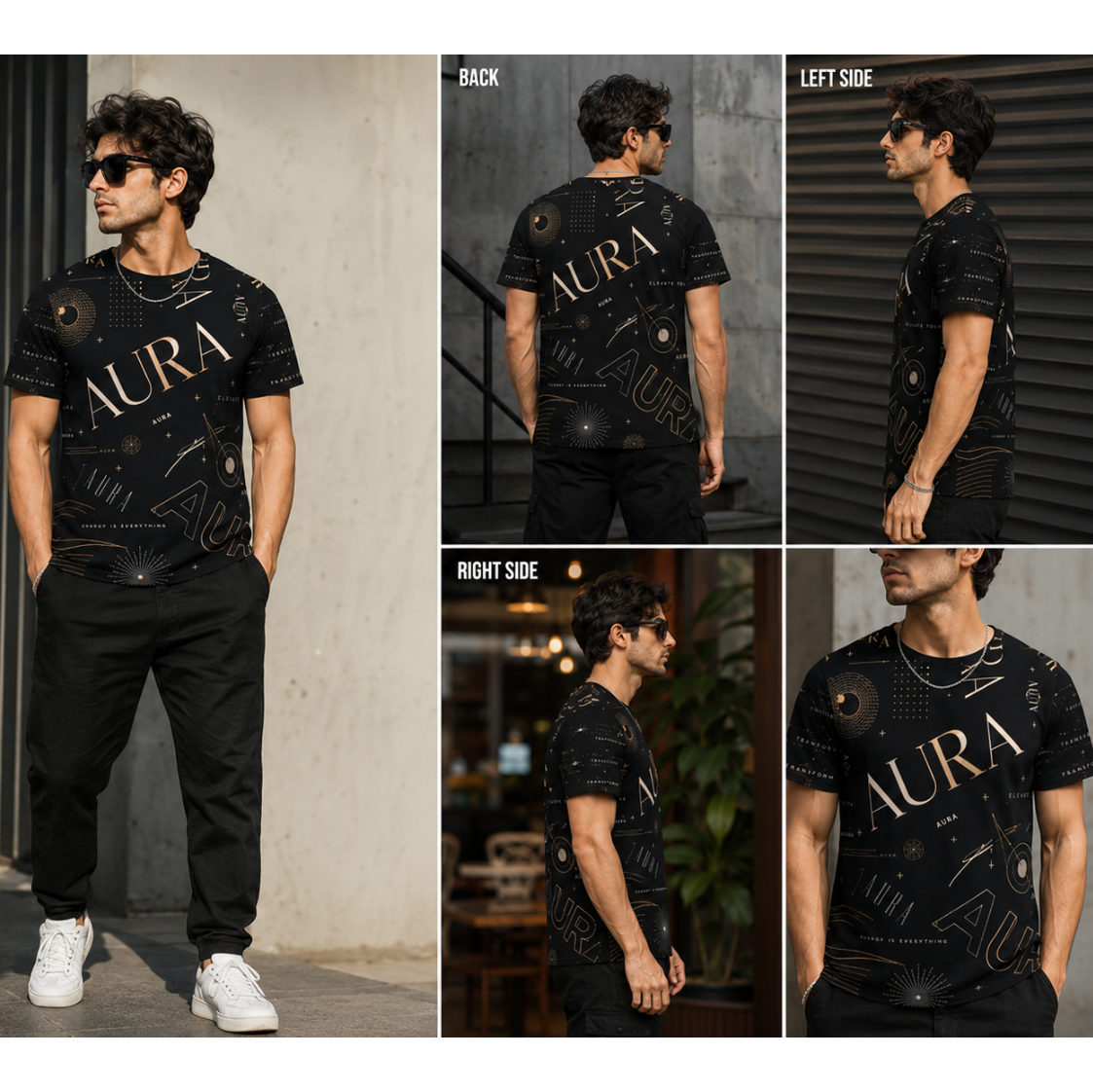 A man modeling a black short-sleeve t-shirt with a gold abstract graphic pattern and the word 'AURA' printed across the chest. The image is a multi-view collage showing the front, back, left side, right side, and close-up views of the shirt.