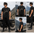 A man wearing a black graphic t-shirt with a white script print stands next to a motorcycle in a mountain setting, shown from multiple angles (front, back, left side, right side).