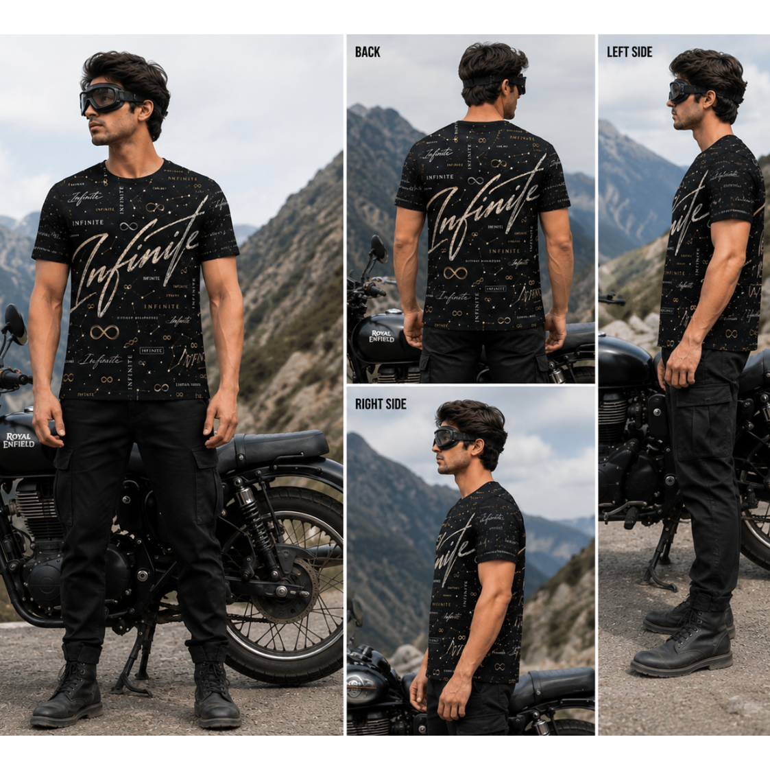 A man wearing a black graphic t-shirt with a white script print stands next to a motorcycle in a mountain setting, shown from multiple angles (front, back, left side, right side).
