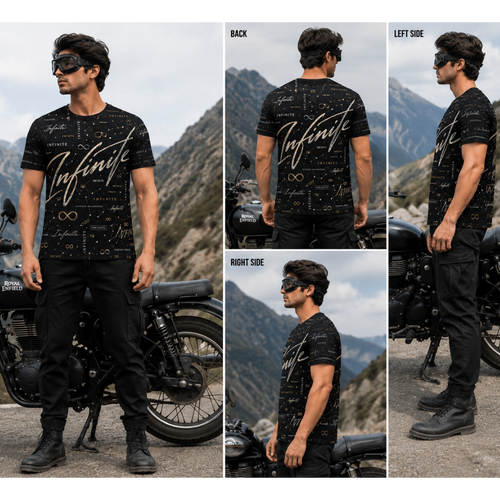 A man wearing a black graphic t-shirt with a white script print stands next to a motorcycle in a mountain setting, shown from multiple angles (front, back, left side, right side).