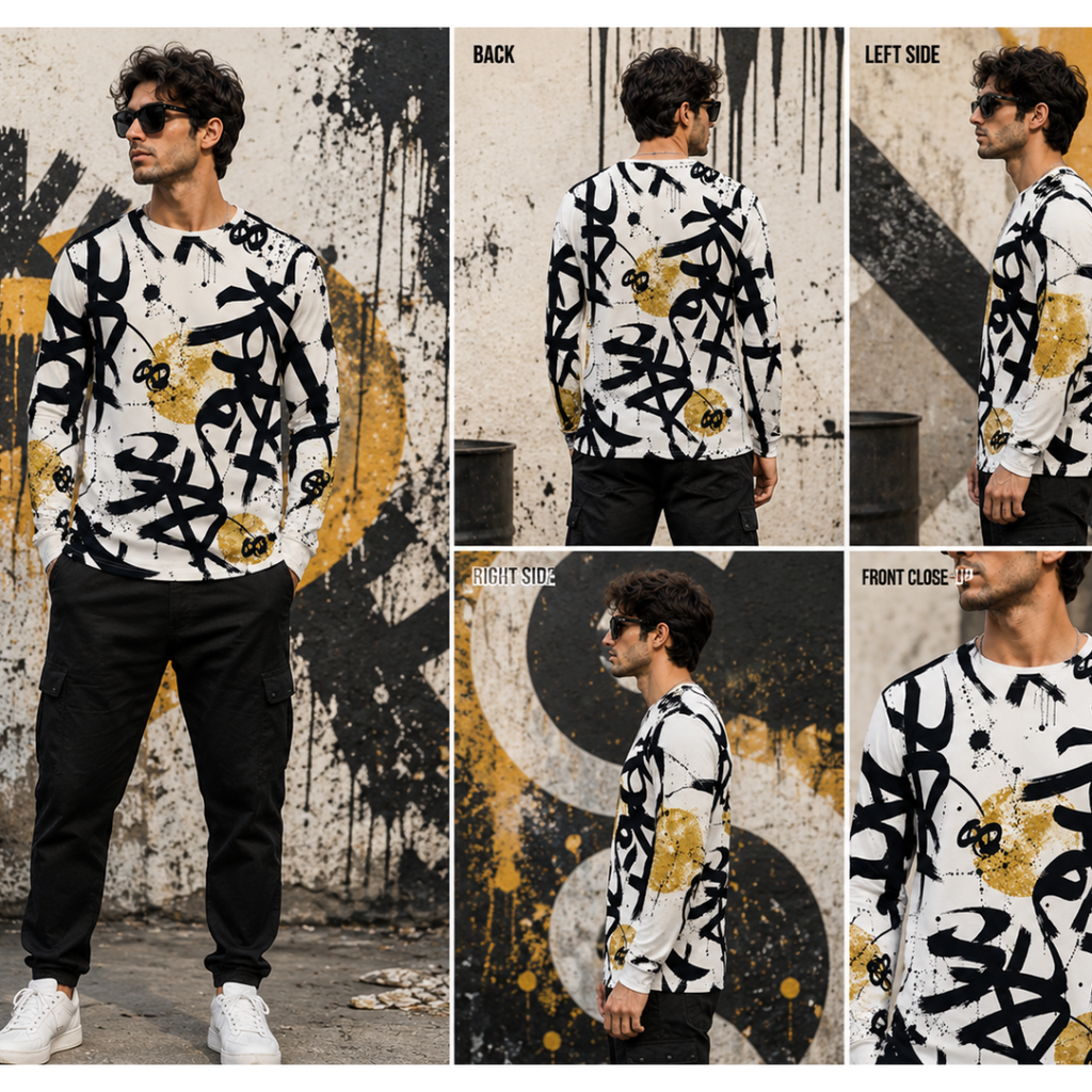 A man modeling a long-sleeve crewneck sweatshirt with a black and white graffiti-style abstract print and gold splatter accents, shown in a 5-panel collage from front, back, left side, front side, and close-up views against a graffiti wall.